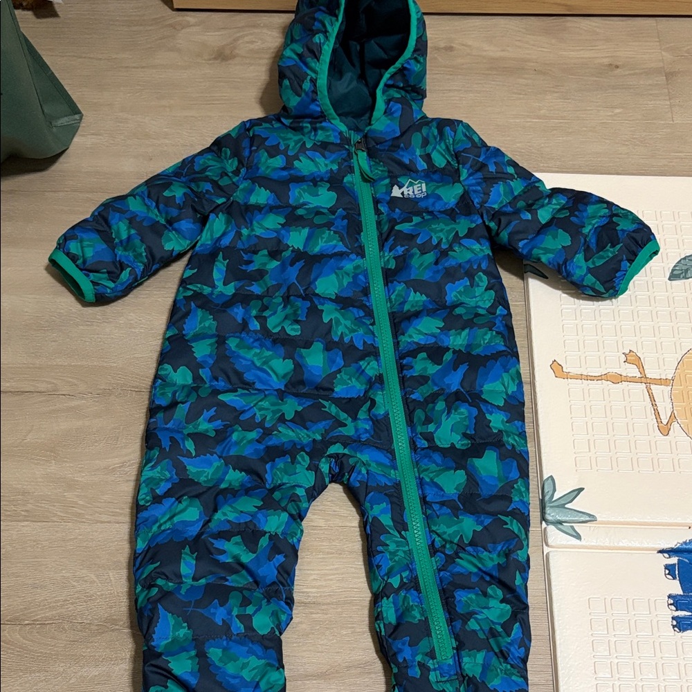 REI Blue and Green Camouflage Puffer One-Piece for Kids